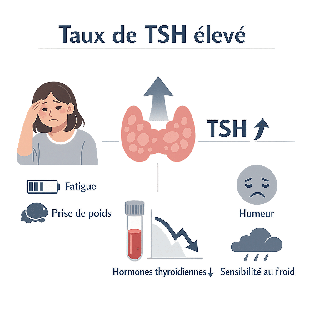 TSH élevée signalant une hypothyroïdie, avec ses symptômes, ses causes et la conduite à tenir