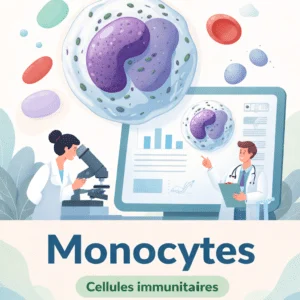 Vue au microscope d'un monocyte parmi d'autres globules blancs sur un frottis sanguin
