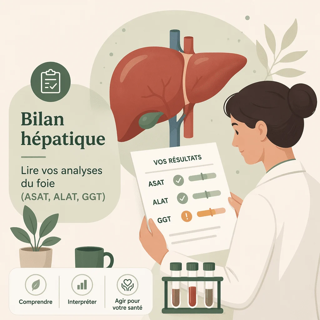 Bilan hépatique mesurant ASAT, ALAT et GGT dans le sang pour évaluer le fonctionnement du foie