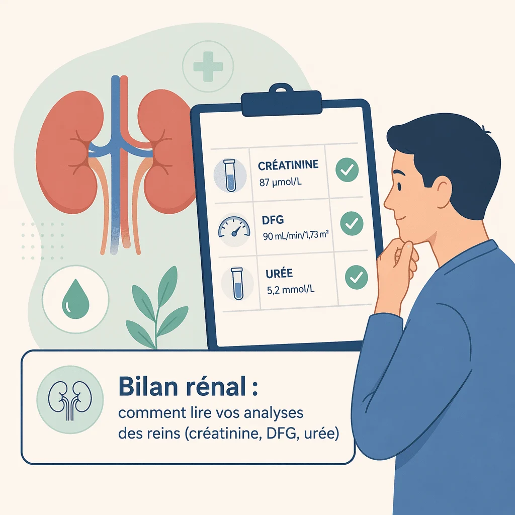 Bilan rénal dosant créatinine, urée et débit de filtration glomérulaire pour la fonction des reins