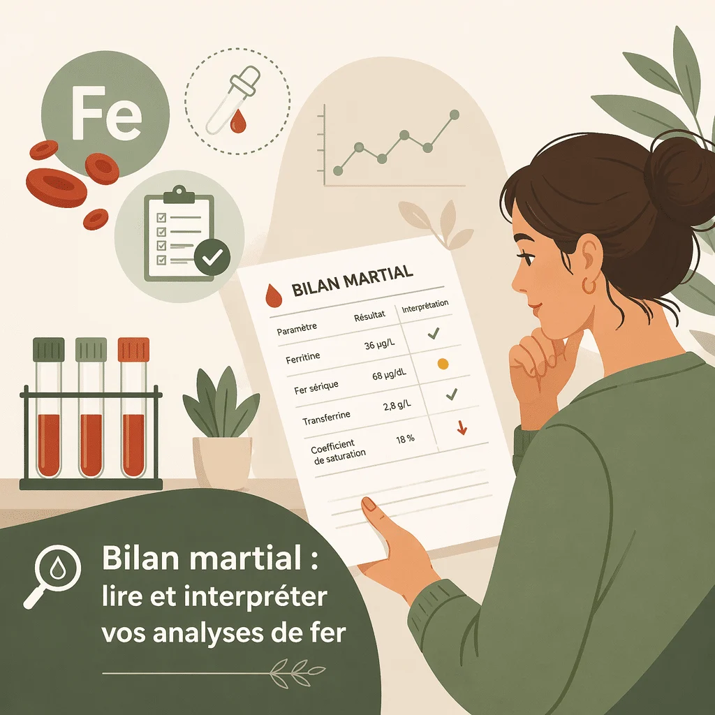 Bilan martial analysant fer, ferritine et transferrine dans le sang pour explorer une carence en fer