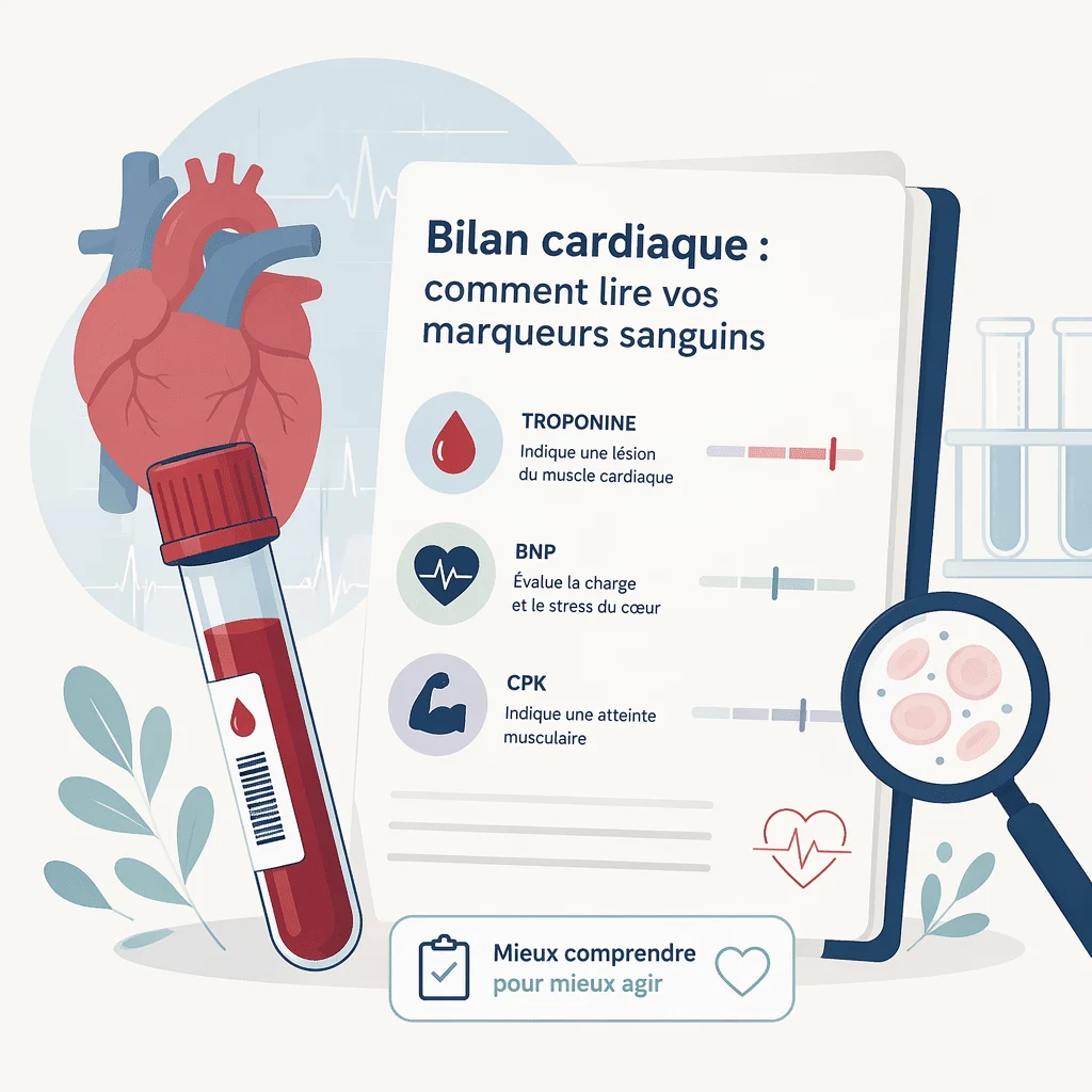 Bilan cardiaque dosant troponine, BNP et CPK dans le sang pour évaluer le fonctionnement du cœur