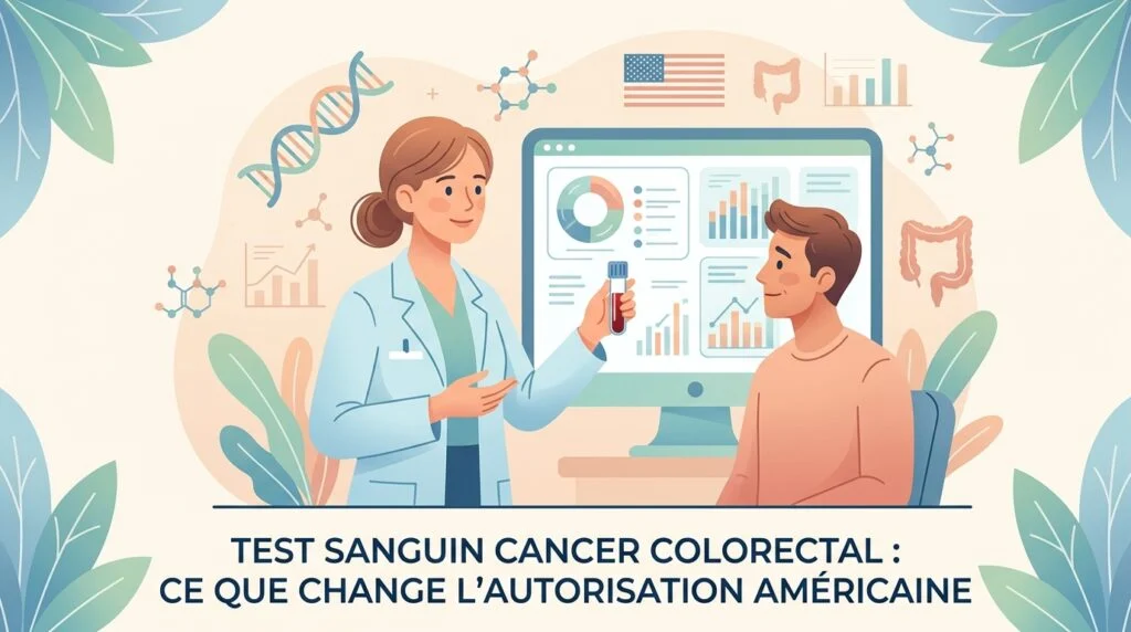 Test sanguin cancer colorectal : tube de prélèvement au laboratoire à côté d'un kit de dépistage