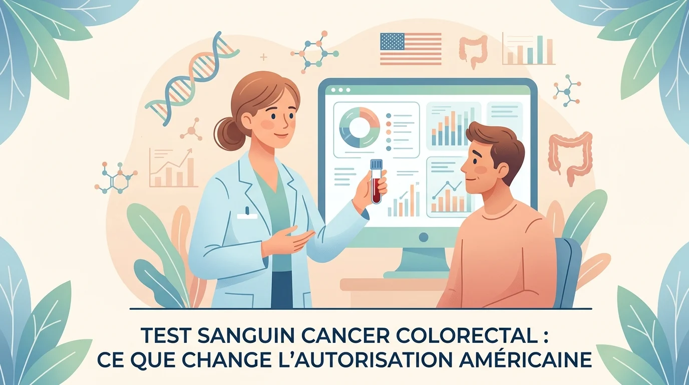 Test sanguin cancer colorectal : tube de prélèvement au laboratoire à côté d'un kit de dépistage