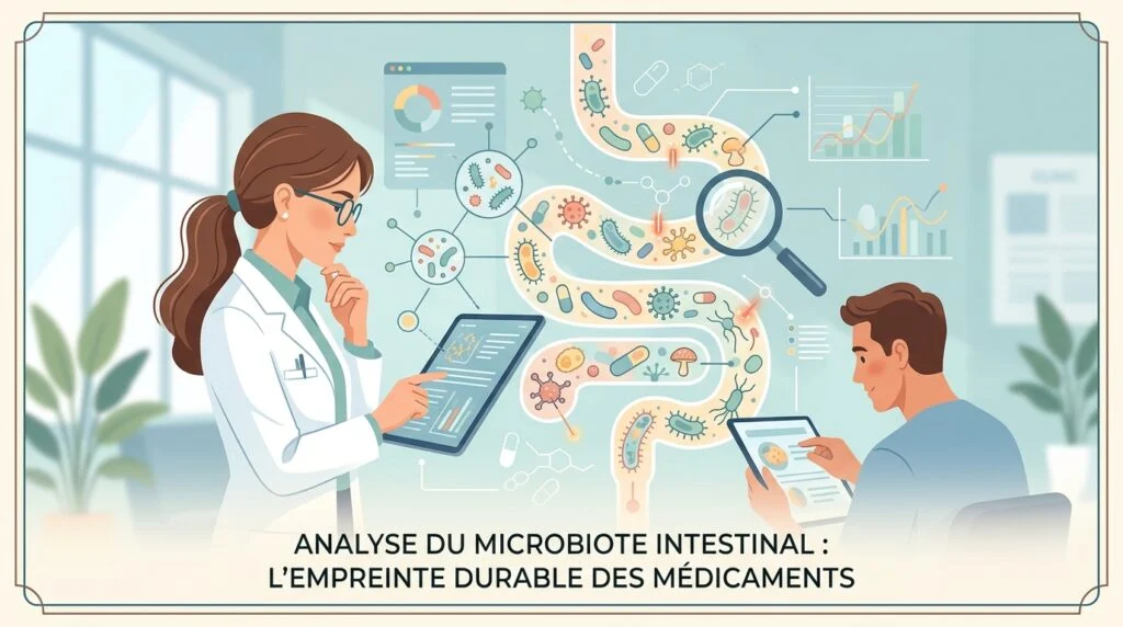 Flacon de recueil de selles et plaquette de comprimés illustrant une analyse du microbiote intestinal en laboratoire