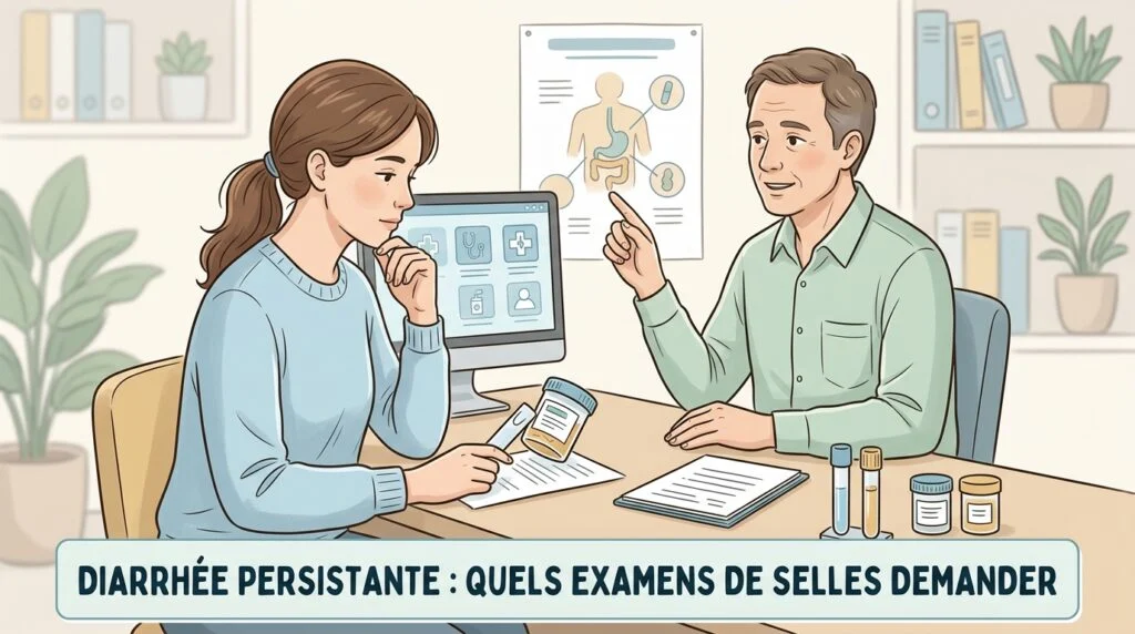 Prélèvement de selles préparé au laboratoire d'analyses pour explorer une diarrhée persistante chez l'adulte
