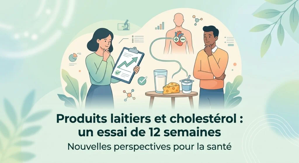 Verre de lait entier et fromage posés près d'un bilan lipidique illustrant produits laitiers et cholestérol