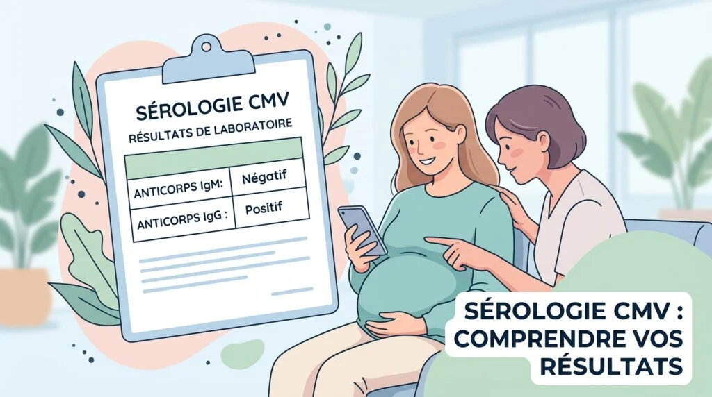 Femme enceinte recevant les résultats de sa sérologie CMV grossesse commentés par une professionnelle de santé
