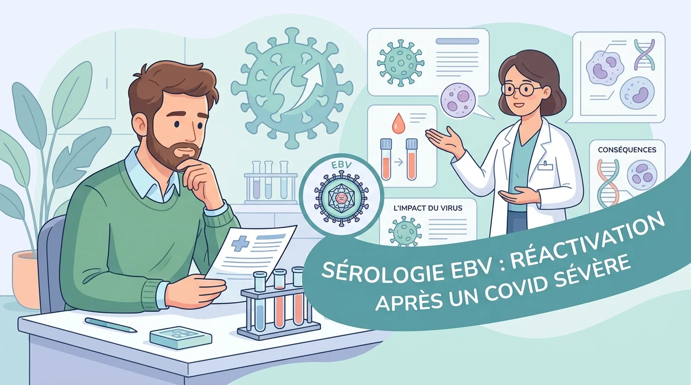 Biologiste analysant un compte rendu de sérologie EBV avec les taux d'anticorps VCA et EBNA