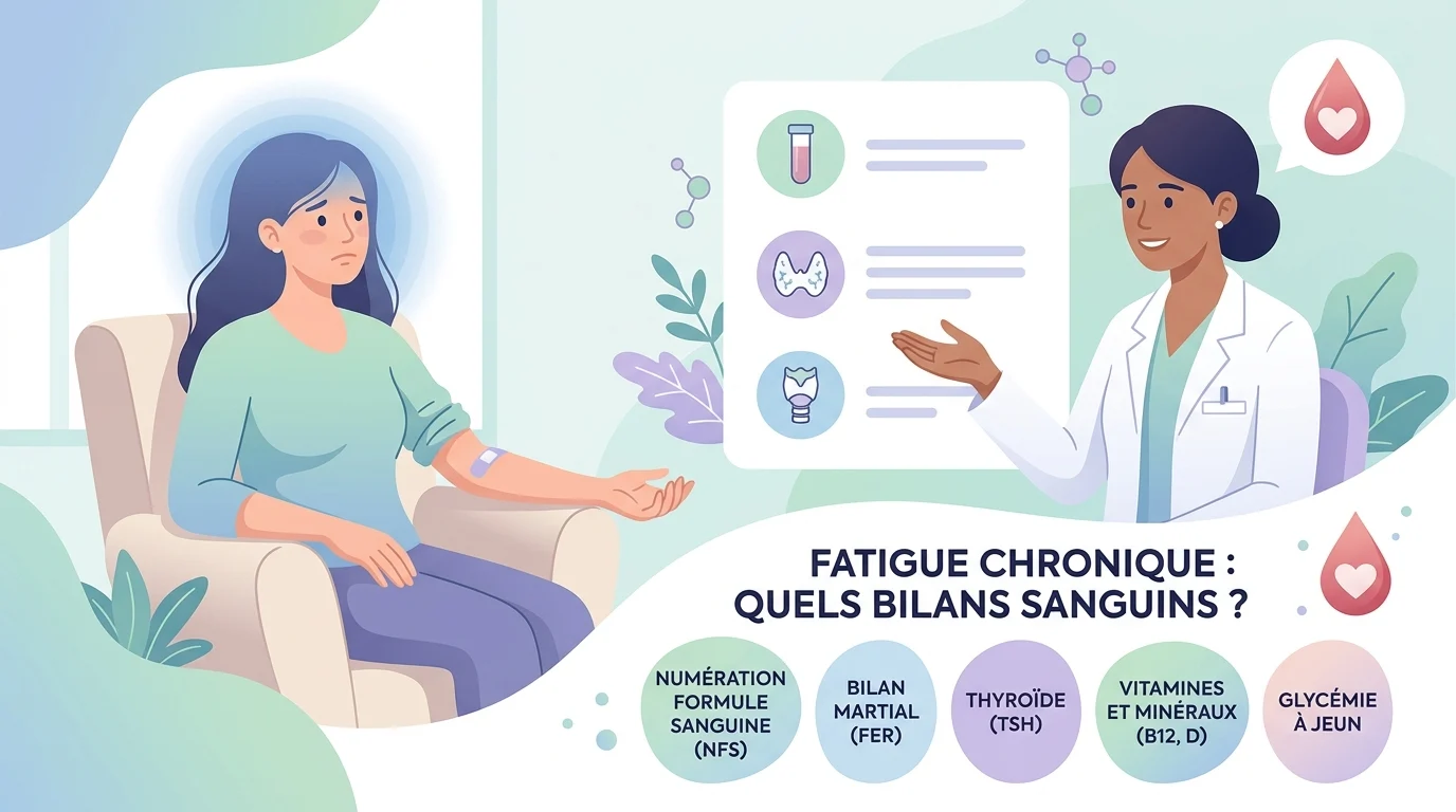 Fatigue : prise de sang au laboratoire, tubes de sang et feuille de résultats d'analyses