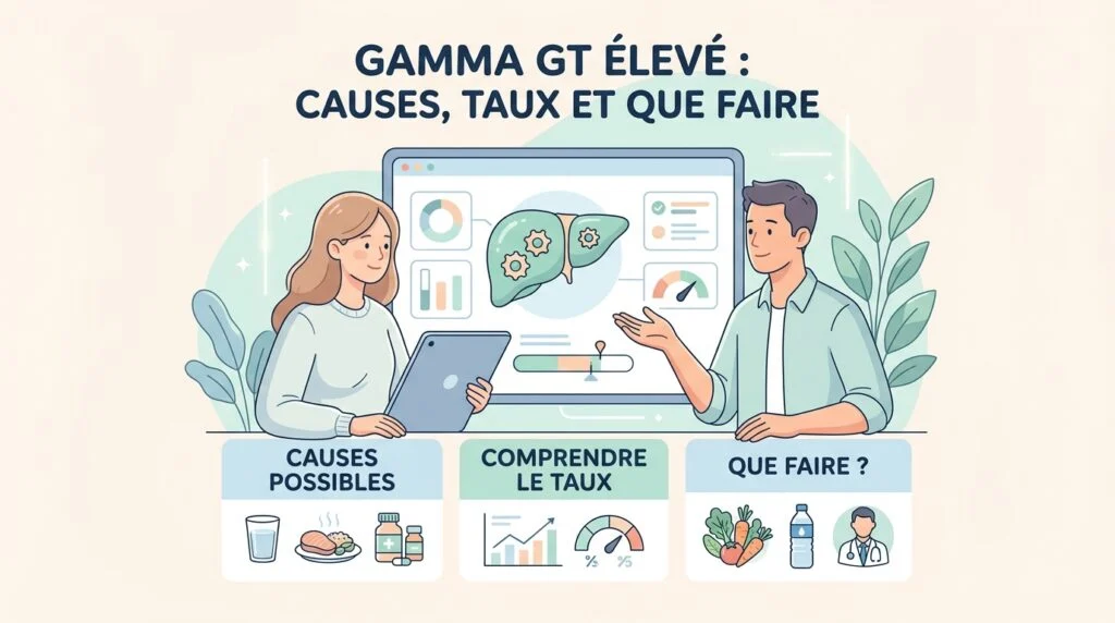 Compte rendu de bilan hépatique avec un gamma GT élevé surligné à côté des ASAT, ALAT et phosphatases alcalines