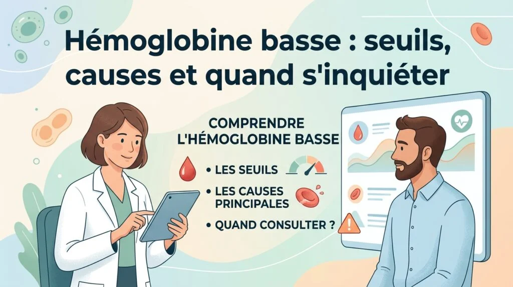 Compte rendu de prise de sang montrant une hémoglobine basse surlignée sur la numération formule sanguine