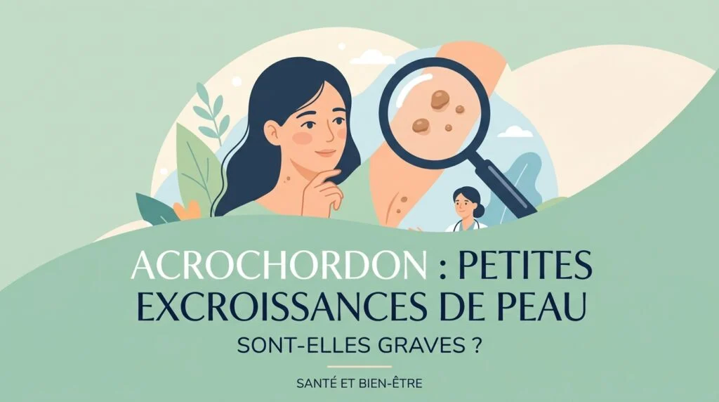 Gros plan sur un acrochordon, petite excroissance de peau molle couleur chair située dans le pli du cou