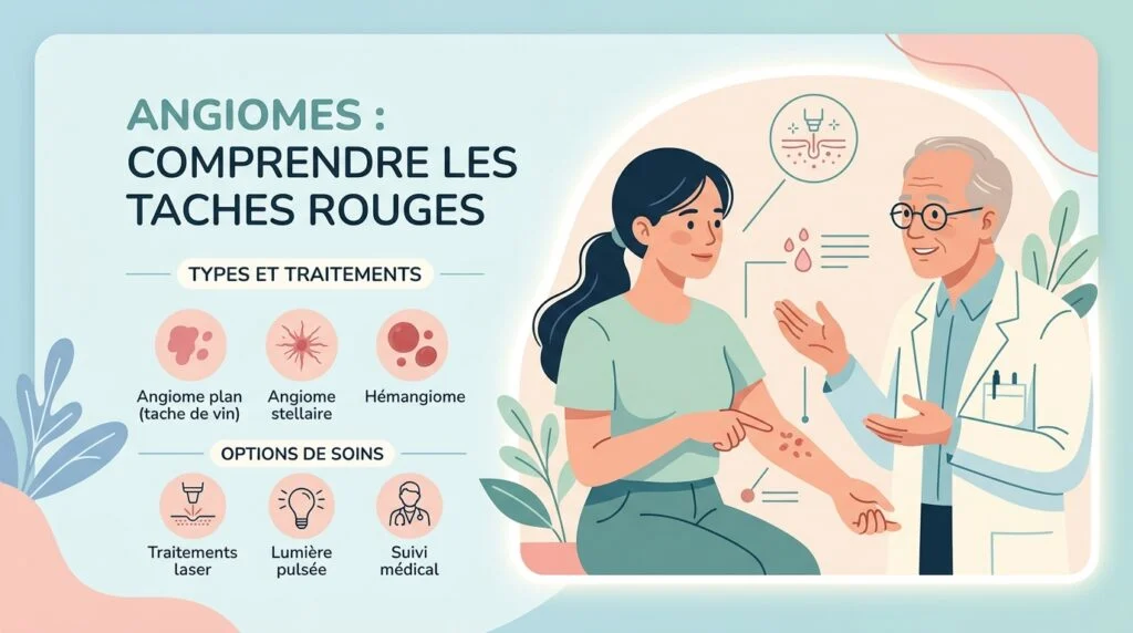 Angiome : tache rouge vasculaire sur la peau examinée par un dermatologue