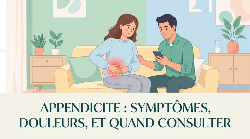 Personne se tenant le bas du ventre à droite, illustrant les symptômes de l'appendicite