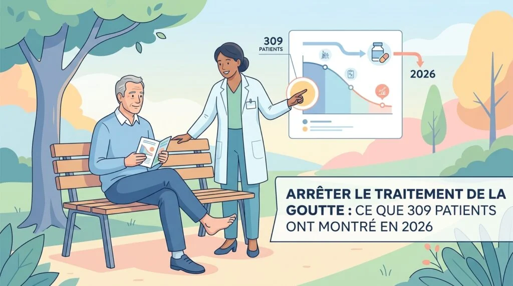 Pilulier et résultat d'uricémie posés sur une table pour décider d'arrêter le traitement de la goutte