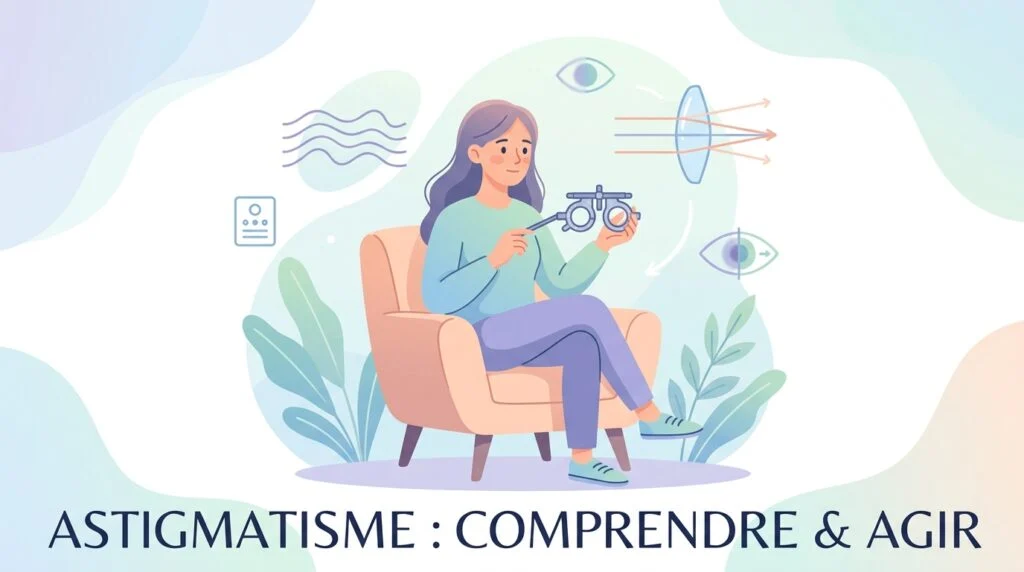 Astigmatisme : patient lisant un tableau de lettres floues lors d'un test de vue chez l'ophtalmologiste