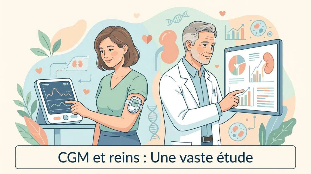 Capteur de glycémie en continu posé sur le bras d'un adulte atteint de diabète de type 2, avec des résultats d'analyses rénales