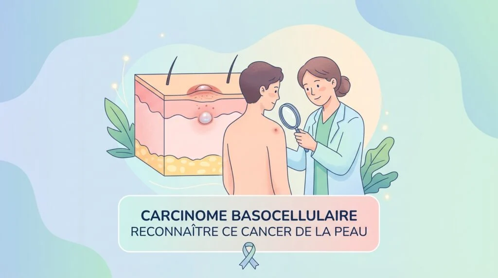 Carcinome basocellulaire : dermatologue examinant une lésion perlée du visage au dermatoscope