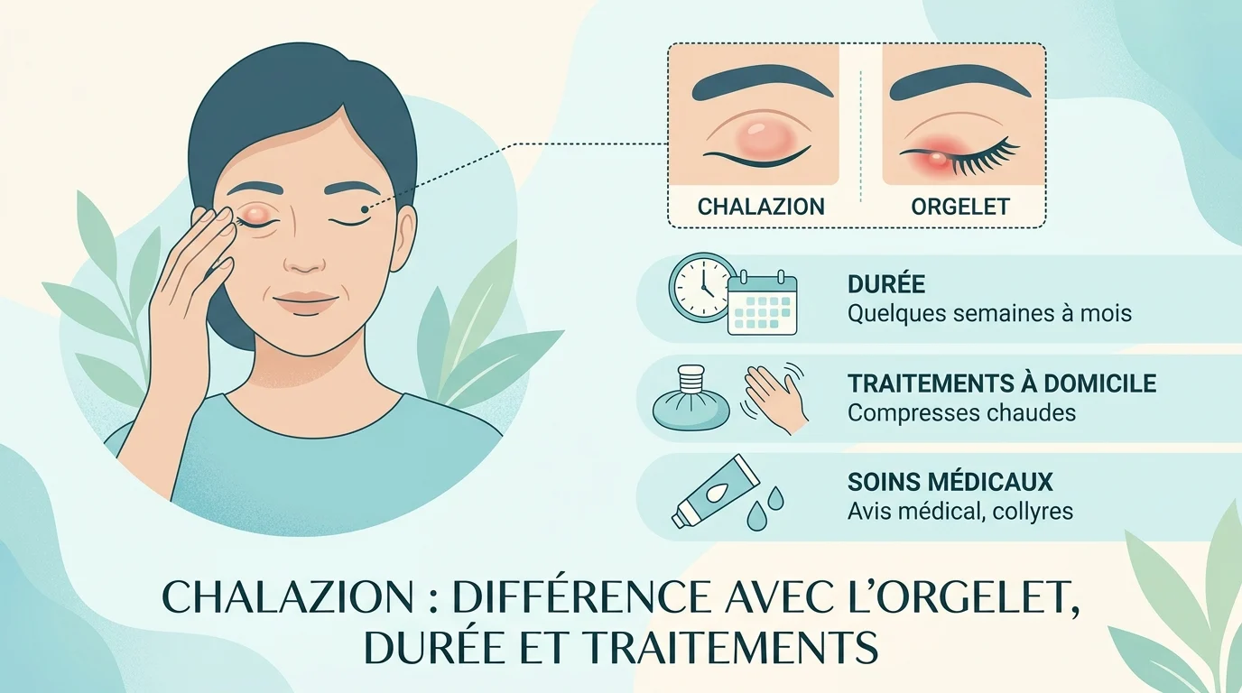 Chalazion de la paupière supérieure, petite boule ferme et indolore sous la peau, à distance du bord des cils