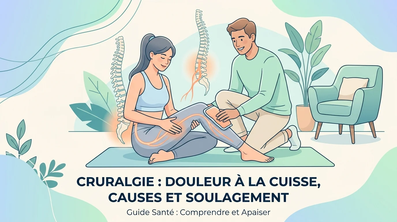 Personne se tenant l'avant de la cuisse, illustrant la douleur d'une cruralgie le long du nerf crural
