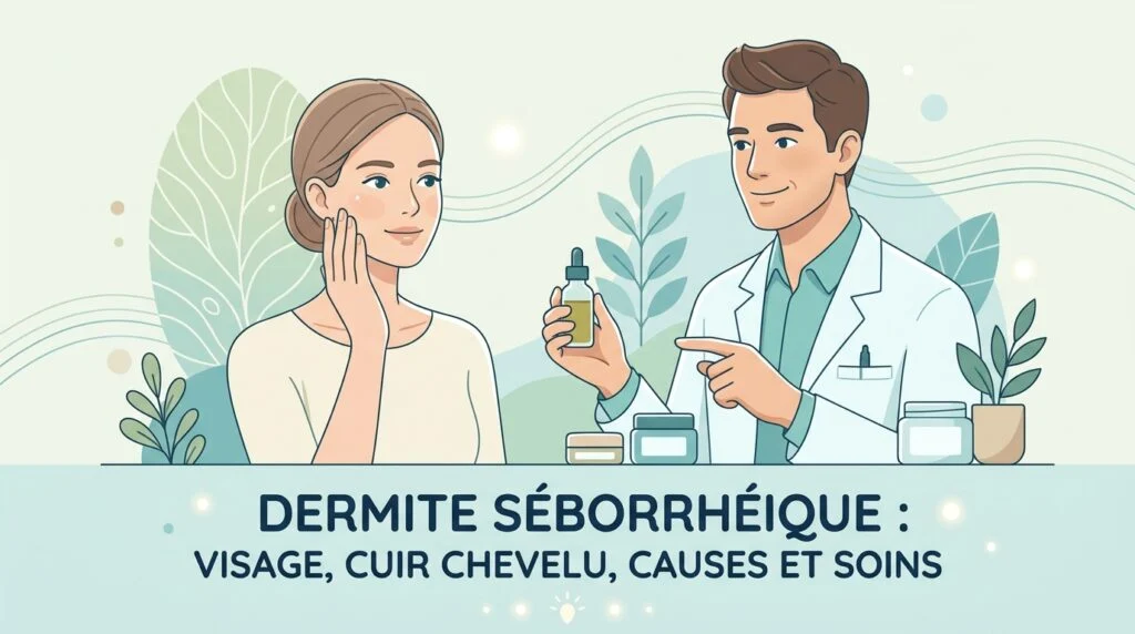 Dermite séborrhéique : plaques rouges et squames grasses sur le visage et le cuir chevelu
