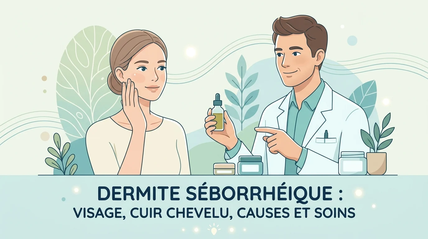Dermite séborrhéique : plaques rouges et squames grasses sur le visage et le cuir chevelu