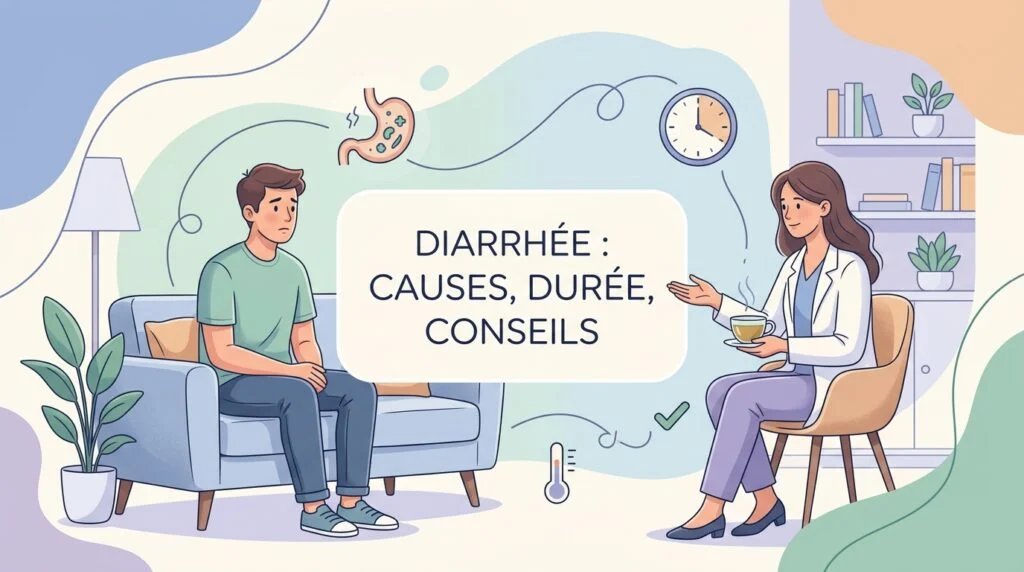 Diarrhée : adulte qui boit un verre d'eau, un sachet de soluté de réhydratation orale posé sur la table