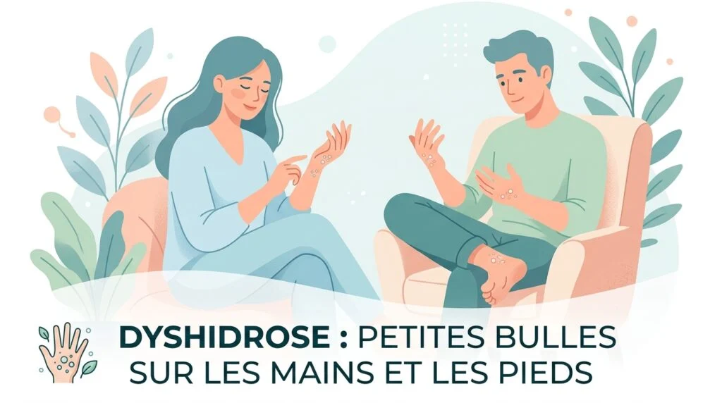 Paume et doigts couverts de petites vésicules claires, illustrant une poussée de dyshidrose sur la main