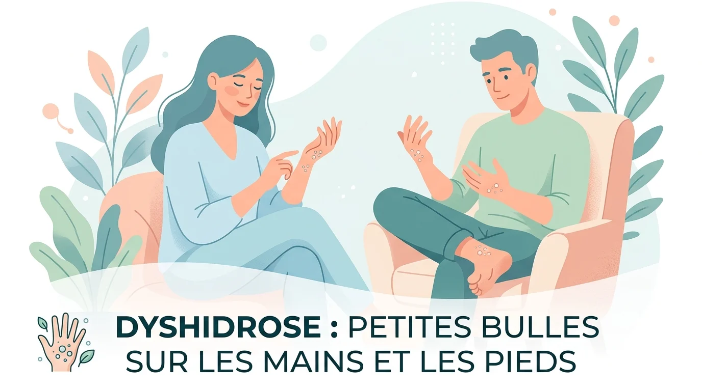 Paume et doigts couverts de petites vésicules claires, illustrant une poussée de dyshidrose sur la main