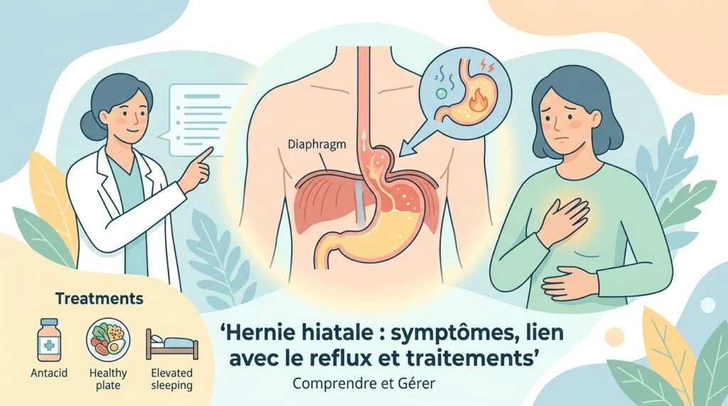 Hernie hiatale : schéma de l'estomac remontant à travers le diaphragme, à l'origine du reflux et des brûlures