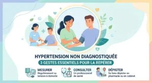 Personne mesurant sa tension à domicile avec un tensiomètre pour repérer une hypertension non diagnostiquée