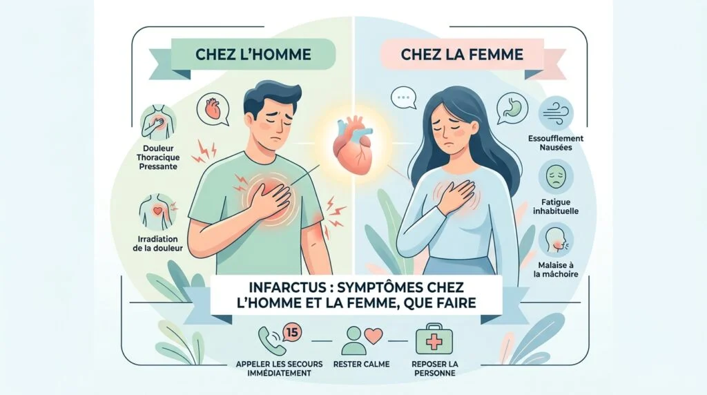 Homme et femme d'âge mûr, main sur la poitrine, illustrant les symptômes d'un infarctus différents selon le sexe