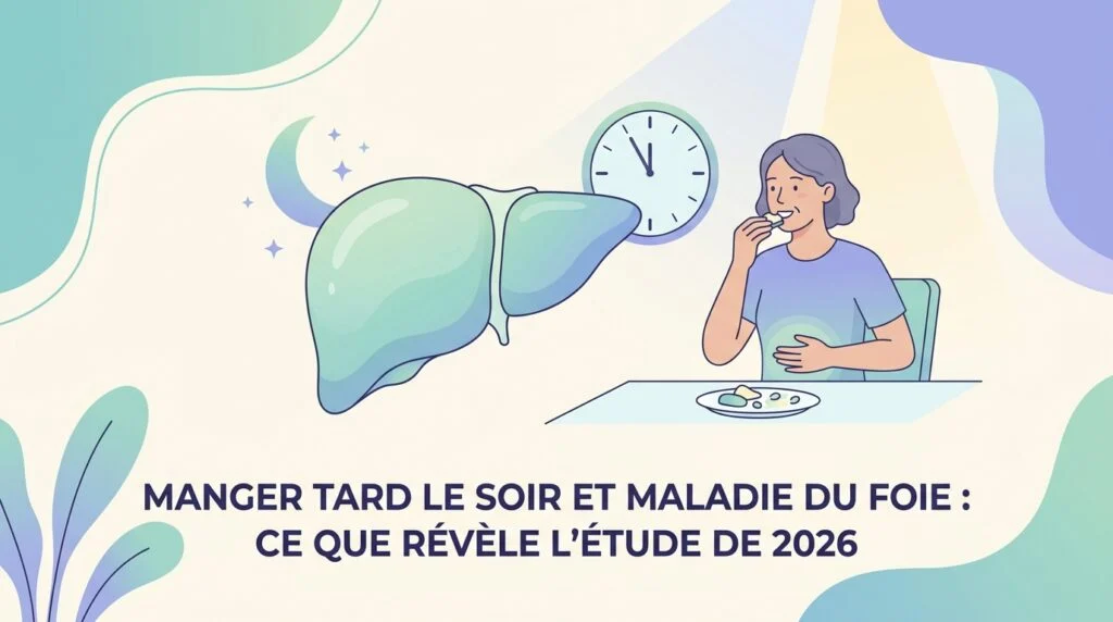 Personne grignotant dans une cuisine la nuit, illustrant manger tard le soir et le risque pour le foie