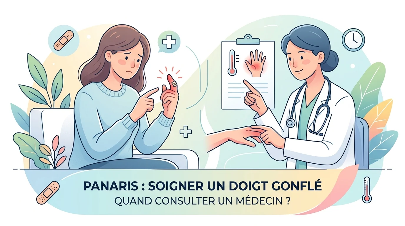 Doigt gonflé et rouge autour de l’ongle, signe typique d’un panaris débutant au stade inflammatoire