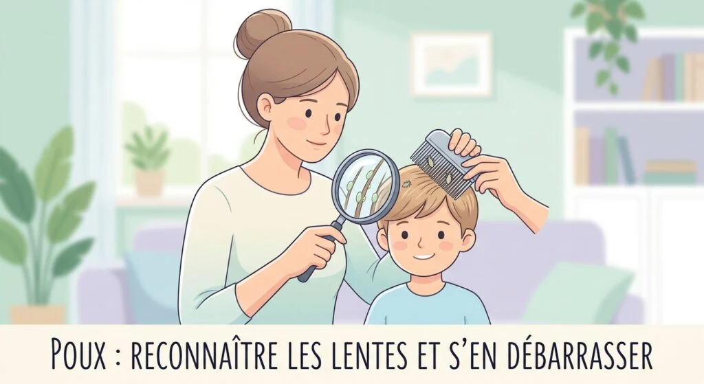 Poux : parent passant un peigne fin dans les cheveux mouillés d'un enfant pour repérer les lentes