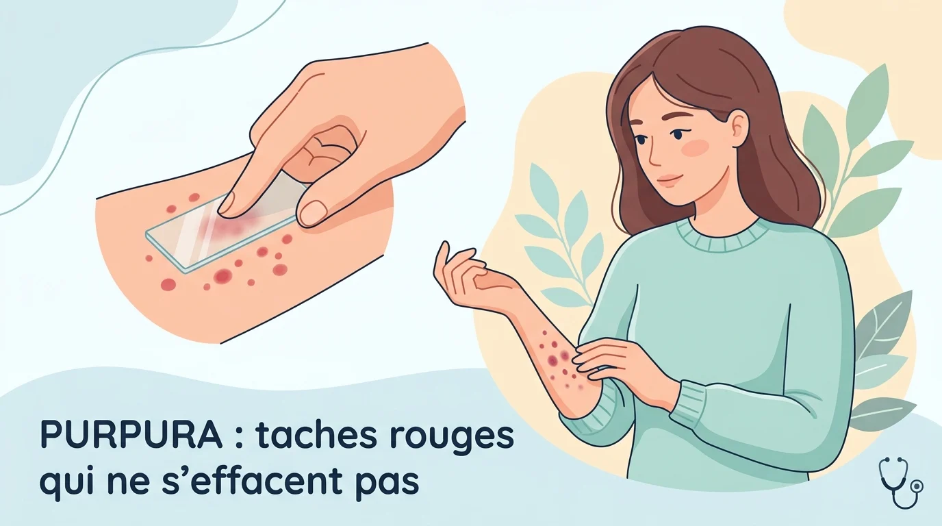 Purpura : petites taches rouges sur la peau d'une jambe qui restent visibles sous la pression d'un verre transparent