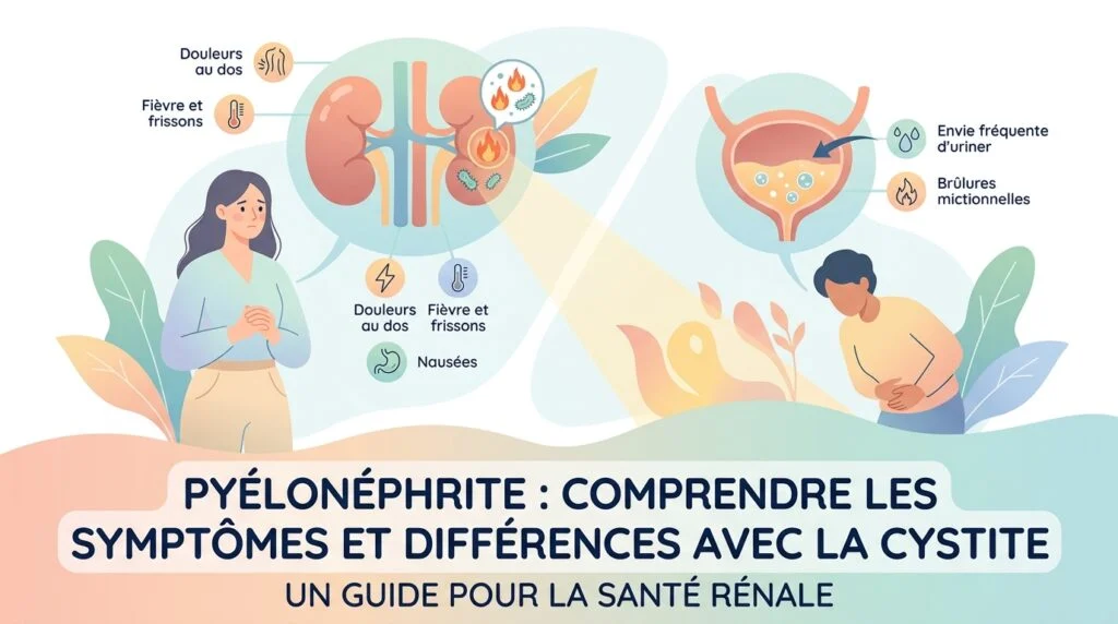 Femme fiévreuse se tenant le bas du dos, symptômes d'une pyélonéphrite