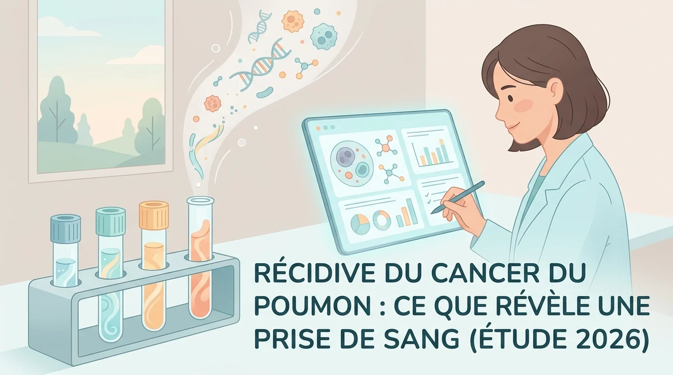 Prise de sang pour suivre la récidive du cancer du poumon, tube d'ADN tumoral circulant à côté d'un scanner thoracique