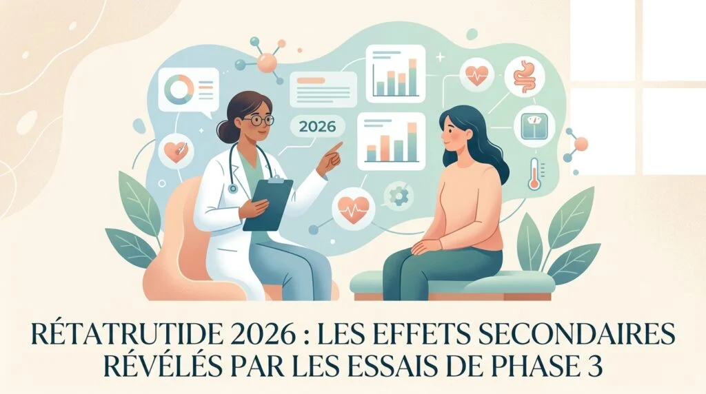 Stylo injecteur hebdomadaire et tubes de prélèvement illustrant les effets secondaires du rétatrutide et le suivi biologique