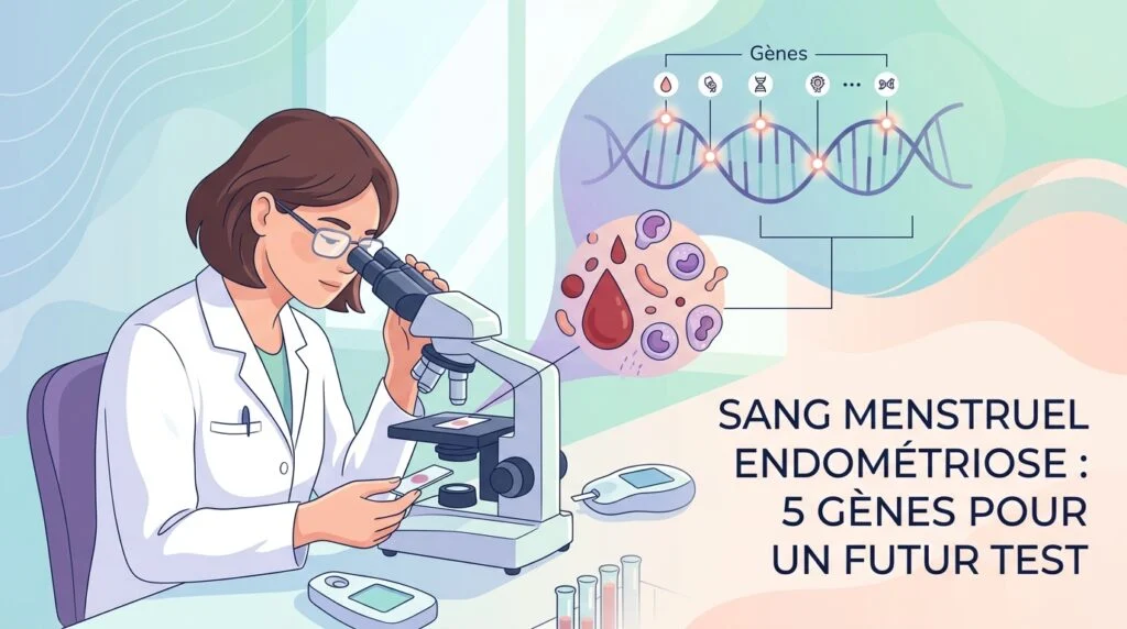 Concept de test sang menstruel endométriose : tube de laboratoire et coupe menstruelle sur fond de schéma gynécologique