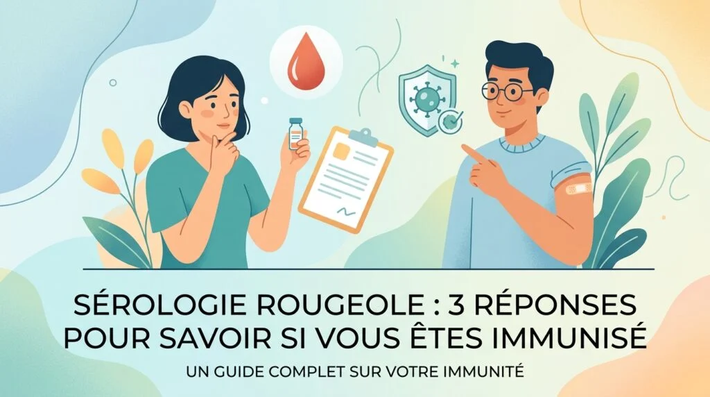 Tube de prise de sang et carnet de vaccination illustrant la sérologie rougeole pour vérifier son immunité