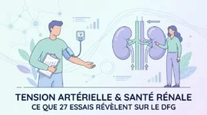 Tension artérielle et fonction rénale illustrées par un tensiomètre et un bilan rénal